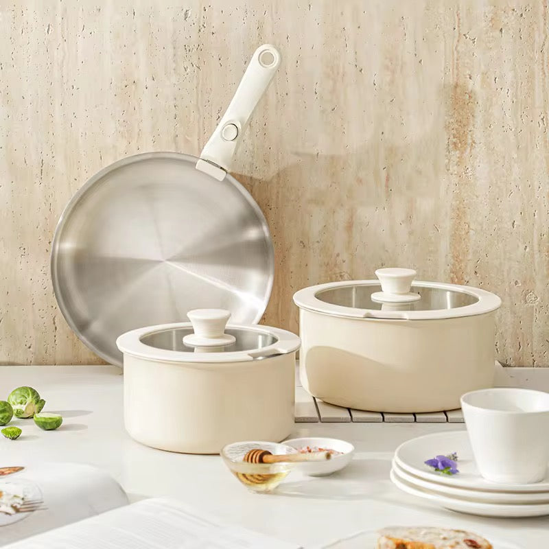 New detachable handle set pot Nonstick 3 Ply 2mm Healthy Stainless Steel Removeable Detachable Handle Fry Pan and Cook Pot Cookware Set