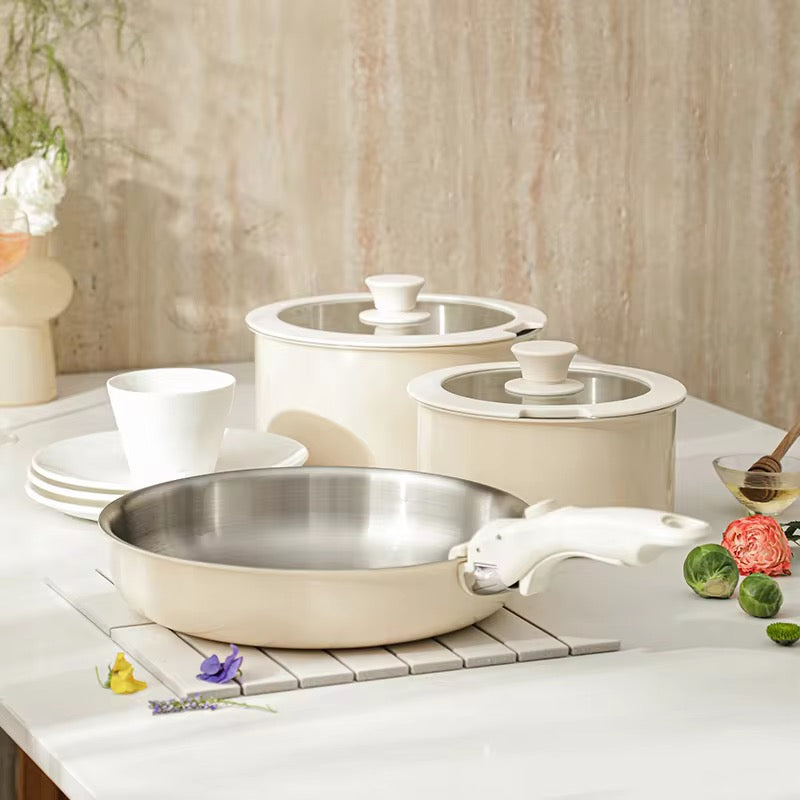 New detachable handle set pot Nonstick 3 Ply 2mm Healthy Stainless Steel Removeable Detachable Handle Fry Pan and Cook Pot Cookware Set