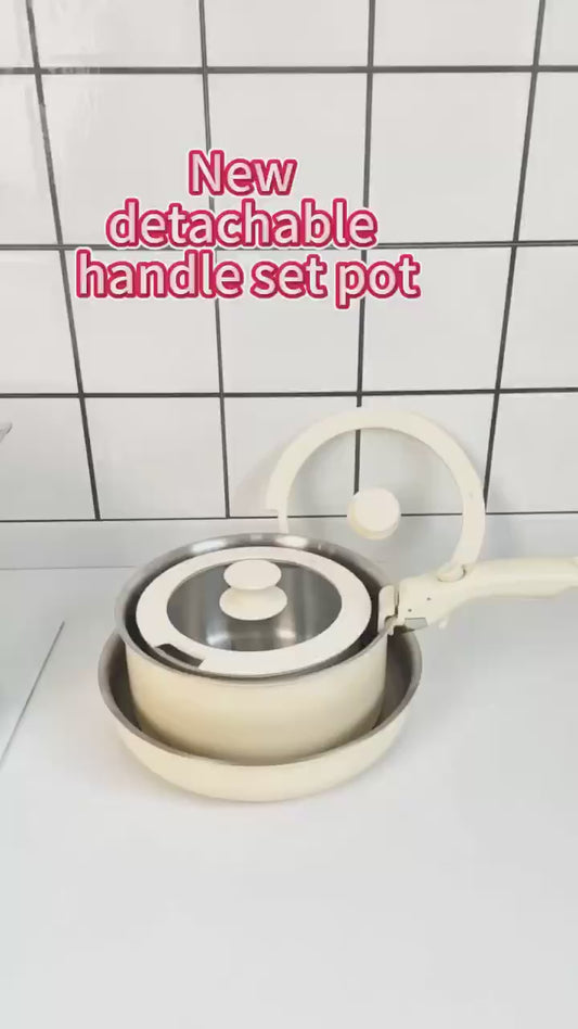 New detachable handle set pot Nonstick 3 Ply 2mm Healthy Stainless Steel Removeable Detachable Handle Fry Pan and Cook Pot Cookware Set